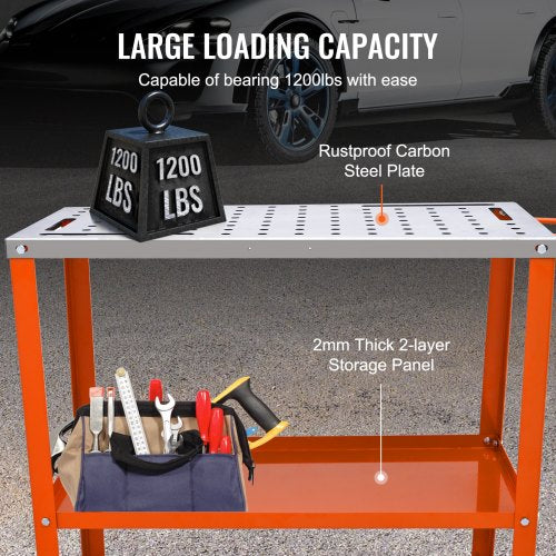 Welding Table 36" x 18", 1200lbs Load Capacity Steel Welding Workbench Table on Wheels, 2 Layers Portable Work Bench with Braking Casters, 4 Tool Slots, 5/8-inch Fixture Holes