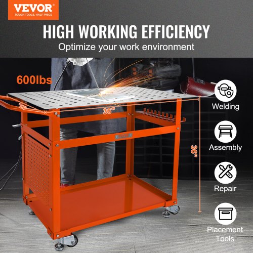 Welding Table 36'' x 24'', 600lbs Load Capacity Steel Welding Workbench Table on Wheels, Portable Work Bench with Double-layer Storage Board, 5/8-inch Fixture Holes, 11 Hooks