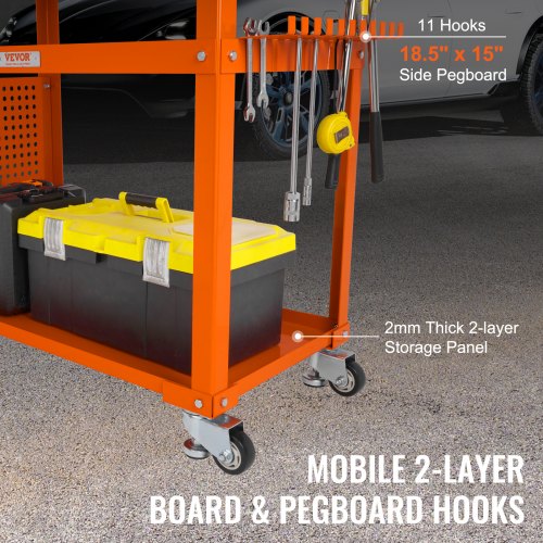 Welding Table 36'' x 24'', 600lbs Load Capacity Steel Welding Workbench Table on Wheels, Portable Work Bench with Double-layer Storage Board, 5/8-inch Fixture Holes, 11 Hooks