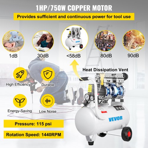 Air Compressor 5.5 Gallon Ultra Quiet Oil-free Air Compressor 25L Tank Silent Air Compressor 750W Oil free Compressor Low noise