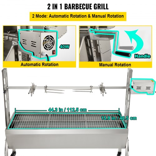 Rotisserie Grill, 132lbs Capacity, Stainless Steel Pig Lamb Spit Grill Roaster, Roasting Box with 40W Motor & Adjustable Height & Lockable Casters for Outdoor Camping Party Campfire Barbecue