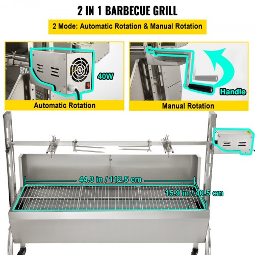 Rotisserie Grill, 132lbs Capacity, Stainless Steel Pig Lamb Spit Grill Roaster, with 40W Motor & Adjustable Height Lockable Casters & Baffle for Outdoor Camping Party Campfire Barbecue