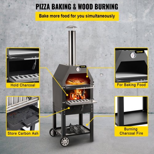 Outdoor Pizza Oven, 12" Wood Fire Oven, 2-Layer Pizza Oven Wood Fired, Wood Burning Outdoor Pizza Oven w/ 2 Removable Wheels, Wood Fired Pizza Maker Ovens w/ 900℉ Max Temperature for Barbecue
