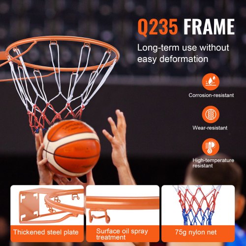 Basketball Rim, Wall Door Mounted Basketball Hoop, Heavy Duty Q235 Basketball Flex Rim Goal Replacement with Net, Standard 18" Indoor and Outdoor Hanging Basketball Hoop for Kids Adults