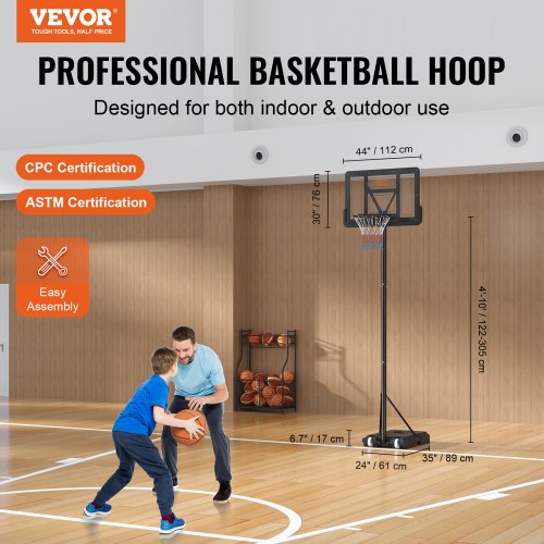 Basketball Hoop, 4-10 ft Adjustable Height Portable Backboard System, 44 inch Basketball Hoop & Goal, Kids & Adults Basketball Set with Wheels, Stand, and Fillable Base, for Outdoor/Indoor