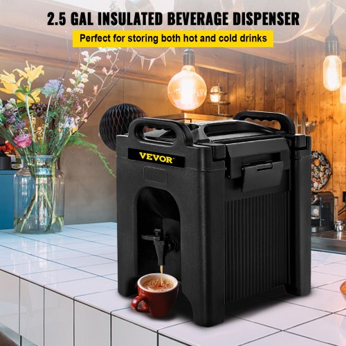 Insulated Beverage Dispenser, 2.5 Gal, Double-Walled Beverage Server w/ PU Insulation Layer, Hot and Cold Drink Dispenser w/ 2-Stage Faucet Handles Nylon Latches Vent Cap, NSF Approved, Black
