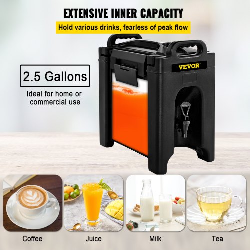 Insulated Beverage Dispenser, 2.5 Gal, Double-Walled Beverage Server w/ PU Insulation Layer, Hot and Cold Drink Dispenser w/ 2-Stage Faucet Handles Nylon Latches Vent Cap, NSF Approved, Black
