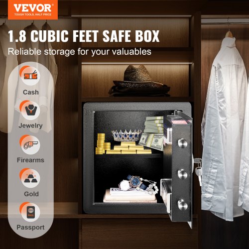 Safe, 1.8 Cubic Feet Home Safe, Steel Security Safe with Digital Keypad and 2 Keys, Cabinet Safe with Fire-proof Bag, Protect Cash, Gold, Jewelry, Documents for Home, Hotel, 15.8x13x16.9 inches