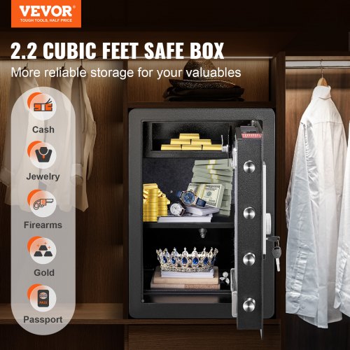 Safe, 2.2 Cubic Feet Home Safe, Steel Security Safe with Fingerprint, Digital Keypad and 2 Keys, Cabinet Safe with Large Fire-proof Bag, Protect Cash, Gold, Jewelry, Documents, 15.8x13x23.6 inch