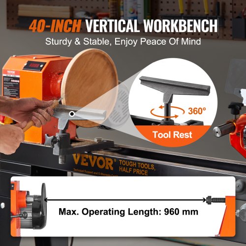 Wood Lathe with Copy Attachment, 13.78 in x 37.8 in, 1 HP 750W Woodworking Lathe with Stand, Continuously Variable Speed 680-2520 RPM with Light Hex Wrenches Turning Tool Set, for Woodworking