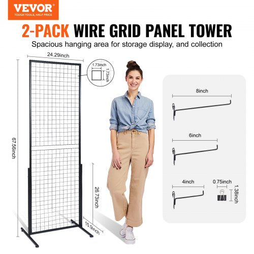 2' x 5.6' Grid Wall Panels Tower, 2 Packs Wire Gridwall Display Racks with T-Base Floorstanding, Double Side Gridwall Panels for Art Craft Shows, Retail Display with Extra Clips and Hooks