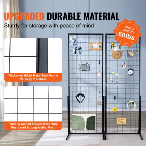 2' x 5.6' Grid Wall Panels Tower, 2 Packs Wire Gridwall Display Racks with T-Base Floorstanding, Double Side Gridwall Panels for Art Craft Shows, Retail Display with Extra Clips and Hooks
