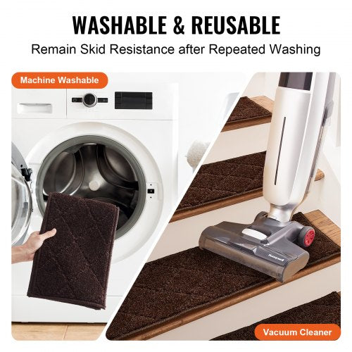 Stair Treads, Stairs Carpet Non Slip 9" x 28", Indoor Stair Runner for Wooden Steps, Anti Slip Carpet Soft Edging Stair Rugs Mats for Kids Elders and Dogs, 15 pcs, Brown