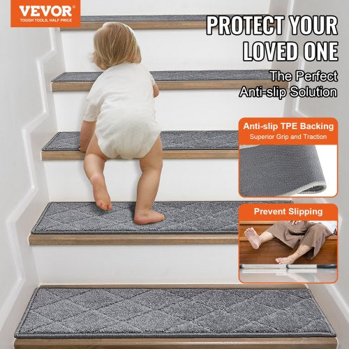Stair Treads, Stairs Carpet Non Slip 9" x 28", Indoor Stair Runner for Wooden Steps, Anti Slip Carpet Soft Edging Stair Rugs Mats for Kids Elders and Dogs, 15 pcs, Gray