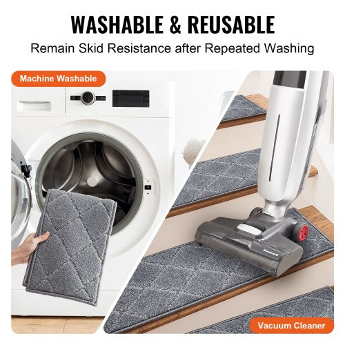 Stair Treads, Stairs Carpet Non Slip 9" x 28", Indoor Stair Runner for Wooden Steps, Anti Slip Carpet Soft Edging Stair Rugs Mats for Kids Elders and Dogs, 15 pcs, Gray