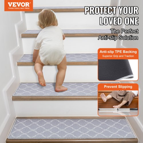 Stair Treads, Stairs Carpet Non Slip 9" x 28", Indoor Stair Runner for Wooden Steps, Anti Slip Carpet Soft Edging Stair Rugs Mats for Kids Elders and Dogs, 15 pcs, Light Gray