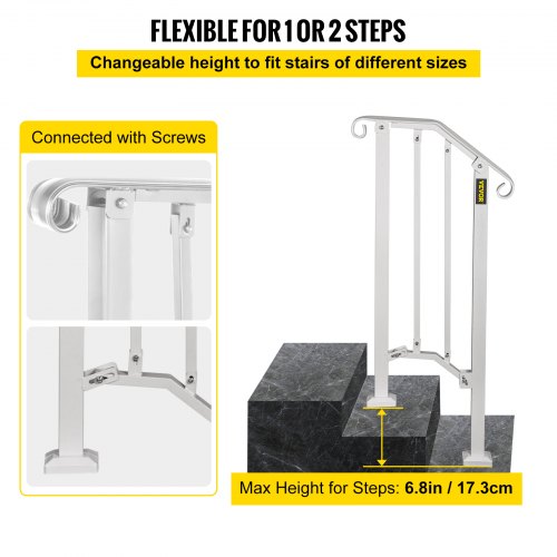 Wrought Iron Handrail Adjustable Stair Handrail For 1 to 2 Steps White
