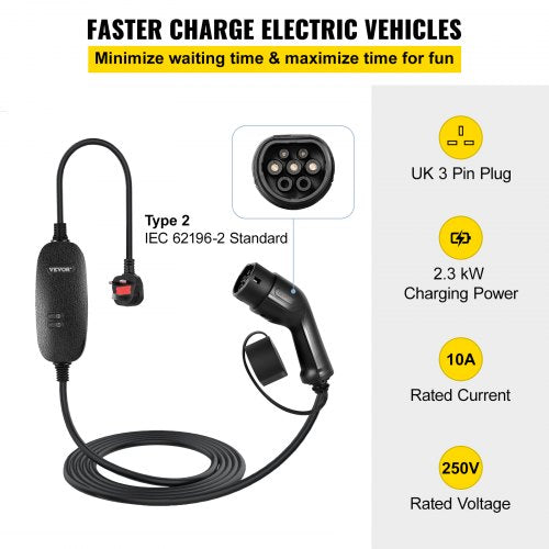 Portable EV Charger, Type 2 10A, Electric Vehicle Charger 6 Metre Charging Cable with UK 3 Pin Plug, IP66 Max Waterproof Level,3kW 250V IEC 62196-2 Home EV Charging Station with Carry Bag, CE