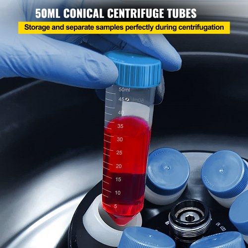 Conical Centrifuge Tubes, 50mL, 500Pcs PP Graduated Container w/ Leak-proof Screw Cap, Write Mark & Test Tube Rack, DN/RNase Free, for Lab Sample Storage & Separate, Blue & Orange