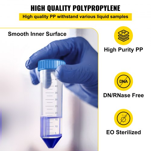 Conical Centrifuge Tubes, 50mL, 500Pcs PP Graduated Container w/ Leak-proof Screw Cap, Write Mark & Test Tube Rack, DN/RNase Free, for Lab Sample Storage & Separate, Blue & Orange