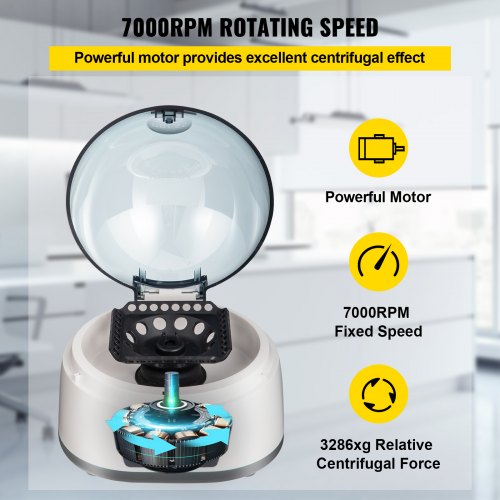 Centrifuge, 7000RPM Fixed Speed Lab Centrifuge Machine, Max. 3286xg RCF Scientific Mini Centrifuge, with 2 in 1 Rotor, fits 0.2/0.5/1.5/2mL Tubes with 0.2/0.5mL Adapters, for Liquid Samples