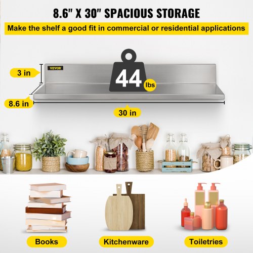 Stainless Steel Wall Shelf, 8.6'' x 30'', 44 lbs Load Heavy Duty Commercial Wall Mount Shelving w/ Backsplash for Restaurant, Home, Kitchen, Hotel, Laundry Room, Bar (2 Packs)