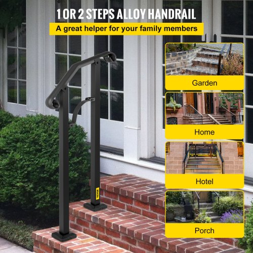 Outdoor Stair Railing, Alloy Metal Hand Railing, Fit 1 or 2 Steps Flexible Transitional Handrail, Black Outdoor Stair Rail W/ Installation Kit, Step Handrail for Concrete or Wooden Stairs