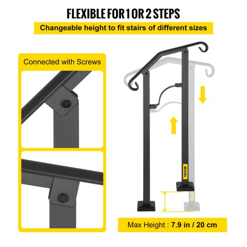 Outdoor Stair Railing, Alloy Metal Hand Railing, Fit 1 or 2 Steps Flexible Transitional Handrail, Black Outdoor Stair Rail W/ Installation Kit, Step Handrail for Concrete or Wooden Stairs