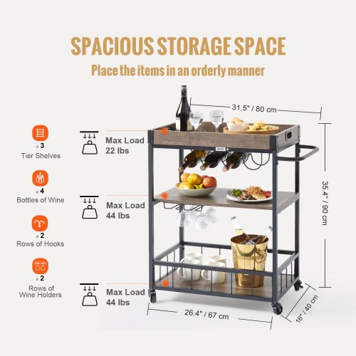 3-Tier Bar Serving Cart Rolling Trolley with Wine Grid Glass Holder 110LBS