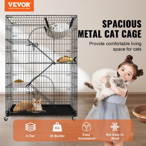 Catio, 4-Tier Large Cat Cages Indoor, Detachable Metal Playpen Enclosure with 360° Rotating Casters, with 3 Ladders and a Hammock for 1-3 Cats, 35.4x23.6x51 inch