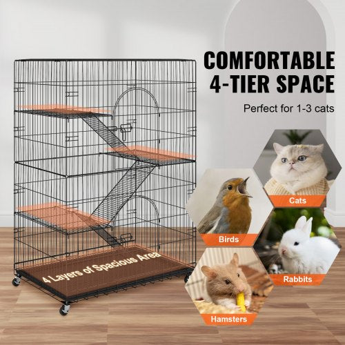 Catio, 4-Tier Large Cat Cages Indoor, Detachable Metal Playpen Enclosure with 360° Rotating Casters, with 3 Ladders and a Hammock for 1-3 Cats, 35.4x23.6x51 inch
