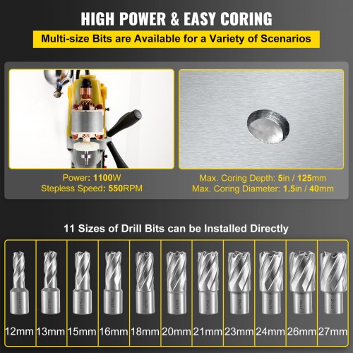 MD40 1-1/2 in. Electric Magnetic Drill Press Drilling Machine with 11PC HSS Cutter Set Precise Annular Cutter Kit Compact Switchable Evolution 1100W Magnet Force