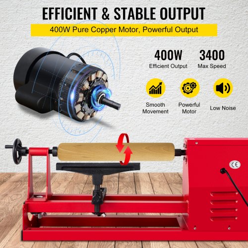 Wood Lathe, Woodturning Lathe 14 Inch x 20 Inch , 4 Speeds 1100/1600/2300/3400 RPM Small Wood Lathe, 220V 400W Wood Turning Lathe Machine with Three Chisels and Wrenches