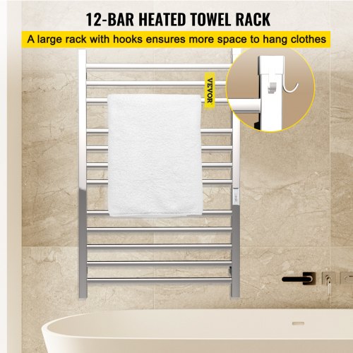 Heated Towel Rack, 12 Bars Design, Mirror Polished Stainless Steel Electric Towel Warmer with Built-In Timer, Wall-Mounted for Bathroom, Plug-In/Hardwired, CE Certificated, Silver