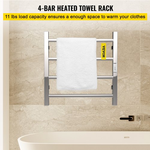 Electric Towel Rail Radiator 4 Bars Towel Warmer 220V 50W Heated Towel Rail Stainless Steel IP55 2 Modes Dry & Heat Towels Load Capacity 11lbs
