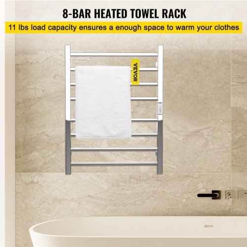 Heated Towel Rack, 8 Bars Design, Mirror Polished Stainless Steel Electric Towel Warmer with Built-In Timer, Wall-Mounted for Bathroom, Plug-In/Hardwired, CE Certificated, Silver