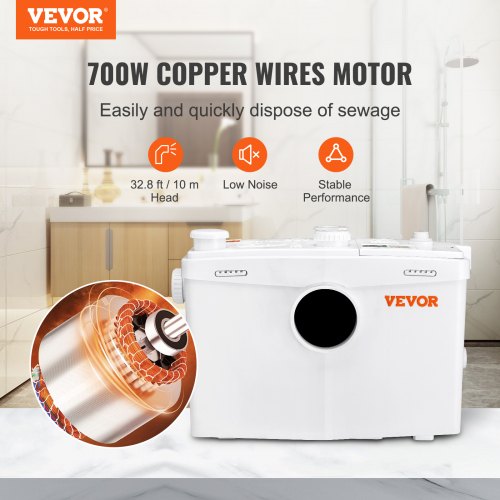 Macerator Pump, 700W, 9600 L/h Flow, 32.8 ft/10 m Head, Macerator Sewerage Sump Pump with 3 Water Inlets for Toilet, Basement, Kitchen, Sink, Shower, Bathtub Waste Water Disposal Upflush Machine