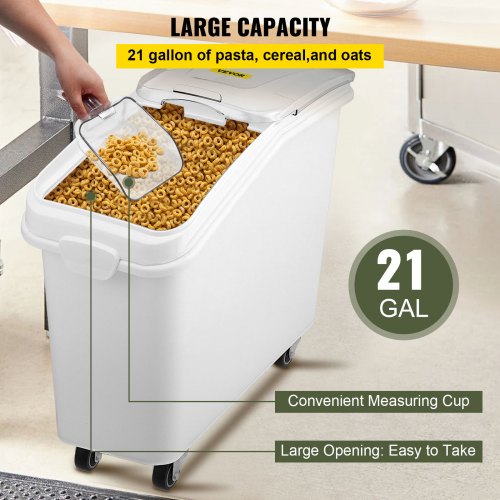 Ingredient Bin 21 Gallon with Scoop, 400-Cup Capacity Commercial Ingredient Bin Stackable, White Mobile Ingredient Bin for Kitchen Storage