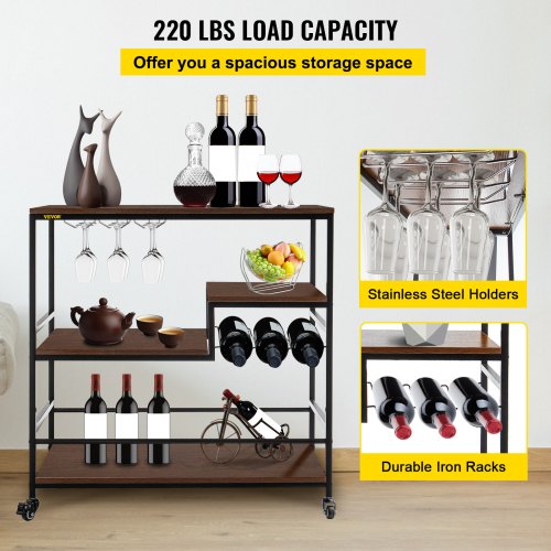 Rustic Bar Cart, 3-Tier Industrial Bar Cart for Home, Bar Cart with Wine Rack & Glass Holders, 35.4 x 15.7 x 37.4 inches Home Bar & Serving Carts, Wine Cart on Wheels, Glass Bar Cart Brown