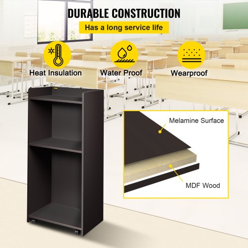 Wood Podium, 60 x 40 x 120 cm, Lecterns and Podiums w/ 4 Rolling Wheels, Flat Surface, Baffle Plate & Shelf, Easy Assembly Ebony Lecterns for Church Office School Home, Black