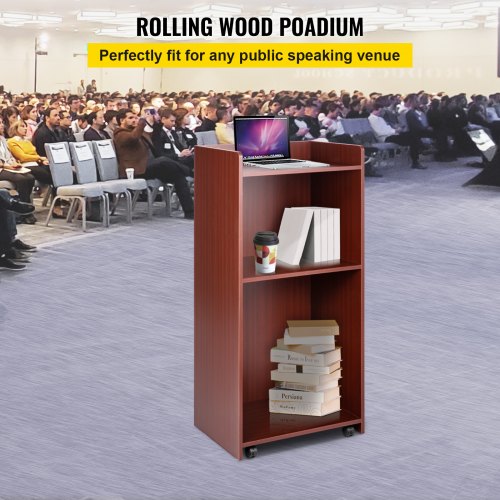 Wood Podium, 2 x 4 FT, Lecterns and Podiums w/ 4 Rolling Wheels, Baffle Plate & Shelf, Easy Assembly Walnut Wood Lecterns for Church, Office, School, Home