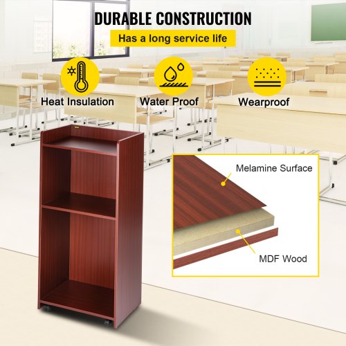 Wood Podium, 2 x 4 FT, Lecterns and Podiums w/ 4 Rolling Wheels, Baffle Plate & Shelf, Easy Assembly Walnut Wood Lecterns for Church, Office, School, Home