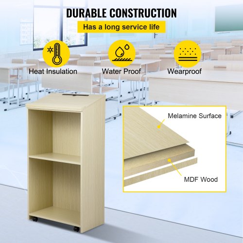 Wood Podium, 39.4 x 20 FT, Lecterns and Podiums w/ 4 Rolling Wheels, Slant Surface, Baffle Plate & Shelf, Easy Assembly Oak Lecterns for Church, Office, School, Home White