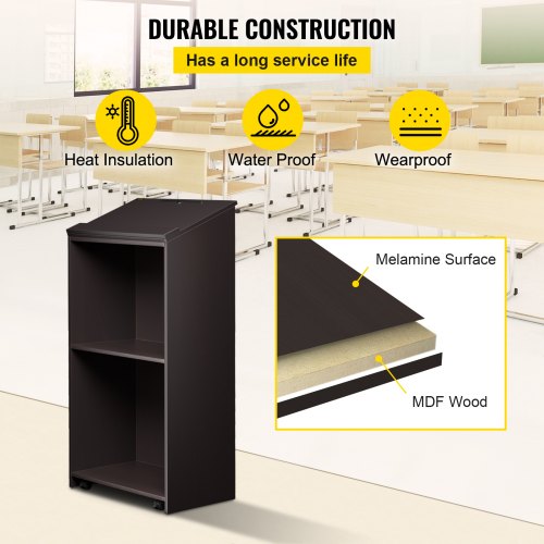 Wood Podium, 60 x 120 cm, Lecterns and Podiums w/ 4 Rolling Wheels, Slant Surface, Baffle Plate & Shelf, Easy Assembly Ebony Lecterns for Church, Office, School, Home Black