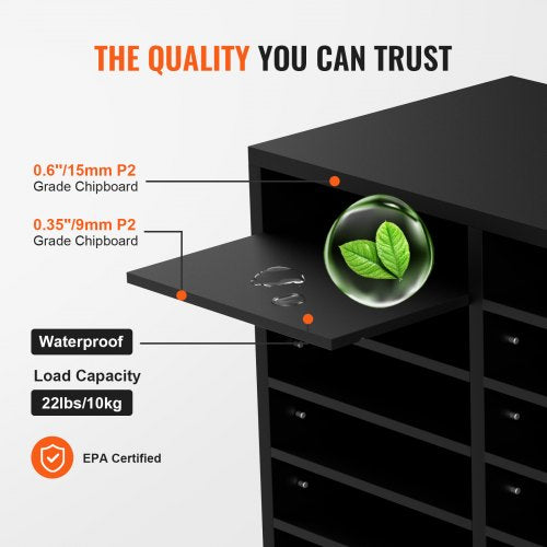 Wood Literature Organizer, 12 Compartments, File Sorter with Removable Shelves, Mailboxes Slot for Office Home Classroom Mailrooms Organization, EPA Certified, Black