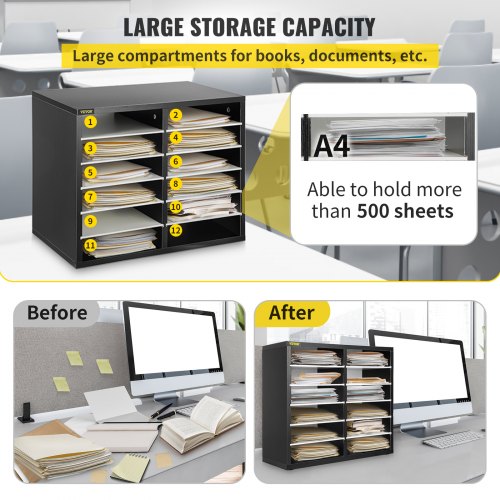 Wood Literature Organizer, 12 Compartments, Adjustable Shelves, Medium Density Fiberboard Mail Center, Office Home Storage for Files, Documents, Papers, Magazines, 49 x 31 x 41 cm
