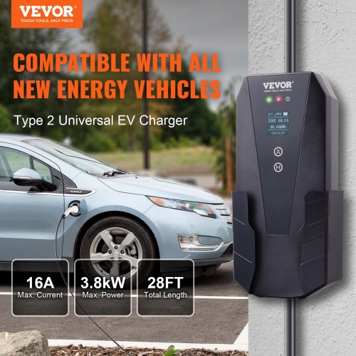 Portable EV Charger Type 2, 16A 3.7kW, Electric Vehicle Car Charger with 28 ft Charging Cable CEE 7/7 Plug LCD Screen, IEC 62196 Home EV Charging Station with Carry Bag Charging Cable Hook, IP66