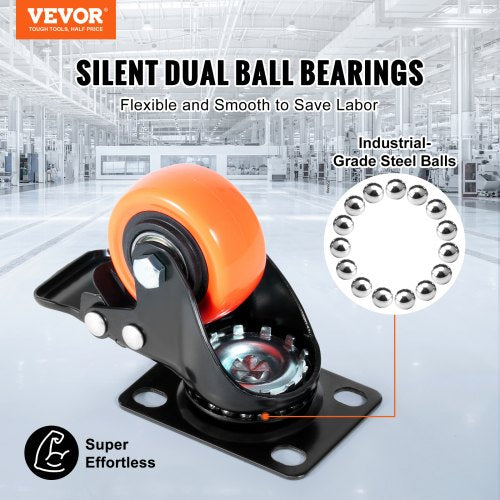 Caster Wheels, 2-inch Swivel Plate Casters, Set of 4, with Security Dual Locking No Noise PVC Wheels, Heavy Duty 150 lbs Load Capacity Per Caster, Non-Marking Wheels for Cart Furniture Workbench