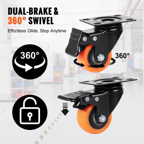 Caster Wheels, 2-inch Swivel Plate Casters, Set of 4, with Security Dual Locking No Noise PVC Wheels, Heavy Duty 150 lbs Load Capacity Per Caster, Non-Marking Wheels for Cart Furniture Workbench