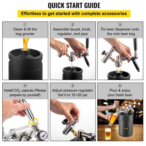 Beer Growler Tap System, 170Oz Mini Keg, 5L Pressurized Beer Growler, 304 Stainless Steel Mini Keg Growler, Comes with Dual Pressure Display CO2 Regulator Faucet 20" Beer Hose Relief Ring, Black